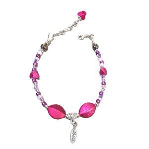 Artisan Crafted Anklet/Bracelet OSFM Leaf Charm Glass Metal Clasp 8.25"-9.25"